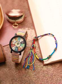 1 件圆形指针石英表和 1 件手链作为返校学生的礼物 - 黑色 - 查看 2