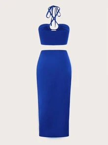 SHEIN ICON Two Piece Tie Back Halter Top & Twist Front Skirt - Royal Blue - View 2