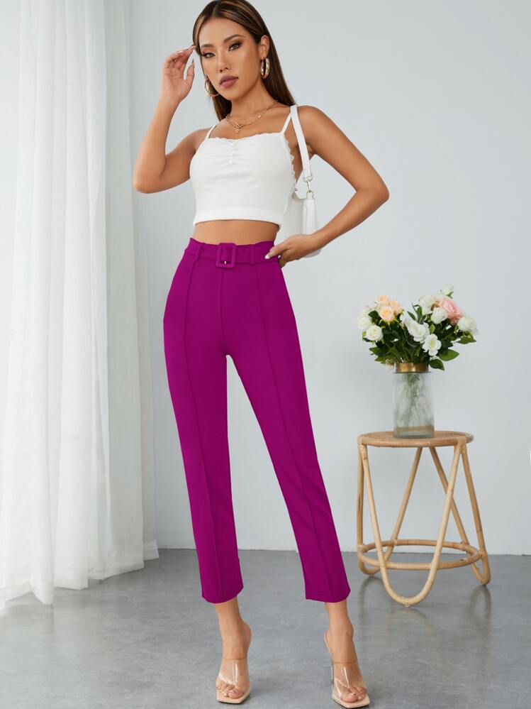 SHEIN PETITE Quần nữ Thắt lưng màu trơn Thanh lịch - Màu đỏ tím - Xem 6