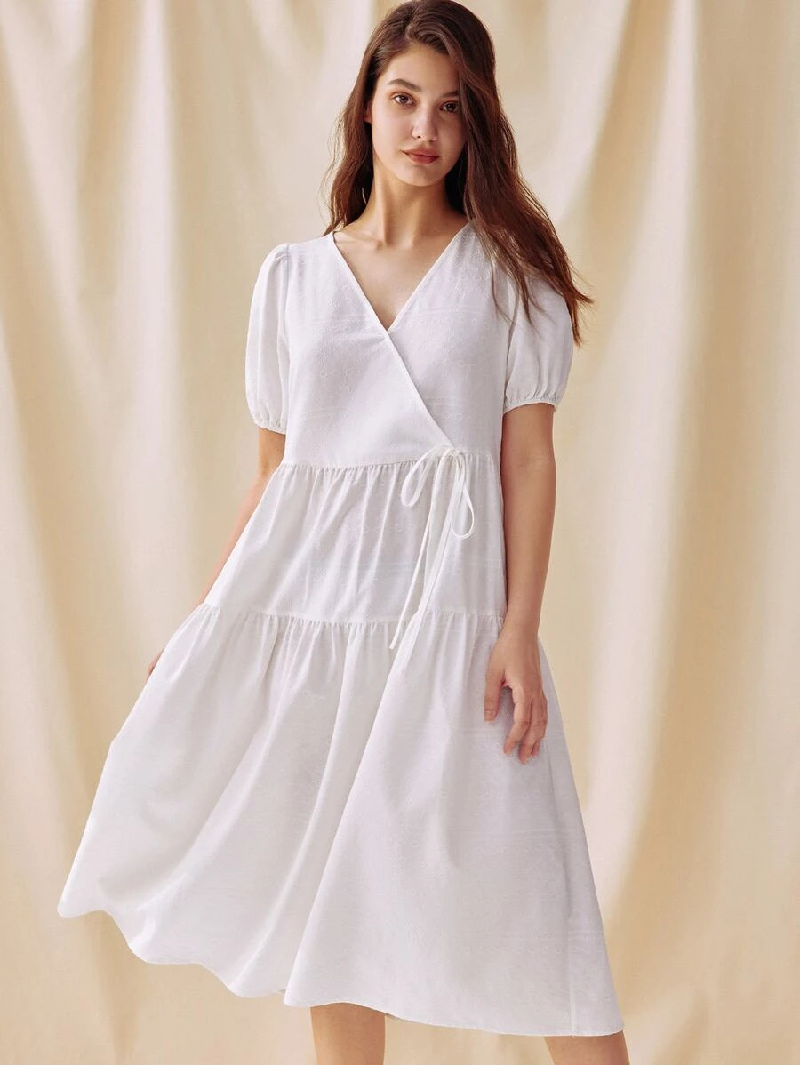 LUVLETTE 泡泡袖側打結睡裙 - 白色 - 查看 1