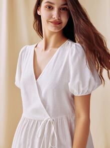 LUVLETTE 泡泡袖側打結睡裙 - 白色 - 查看 4