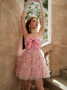 SHEIN MOD Đầm Đề can Thêu Viên lá sen Dây kéo Nơ bướm lớn Hoa Hấp dẫn - Hồng - Xem 1