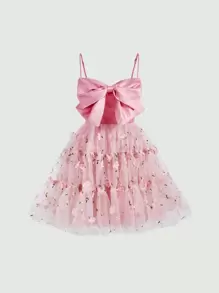 SHEIN MOD Đầm Đề can Thêu Viên lá sen Dây kéo Nơ bướm lớn Hoa Hấp dẫn - Hồng - Xem 2