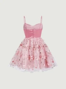 SHEIN MOD Đầm Đề can Thêu Viên lá sen Dây kéo Nơ bướm lớn Hoa Hấp dẫn - Hồng - Xem 8