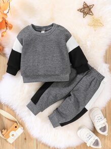 Đứa bé trai Tay áo tương phản Áo len & Quần nỉ - Xám - Xem 1