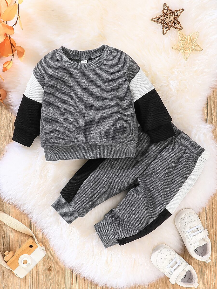 Đứa bé trai Tay áo tương phản Áo len & Quần nỉ - Xám - Xem 1