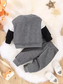 Đứa bé trai Tay áo tương phản Áo len & Quần nỉ - Xám - Xem 2