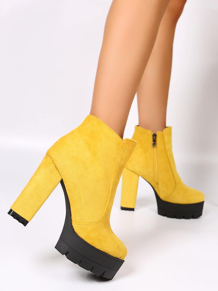 Neon-yellow Zipper Side Platform Chunky Heeled Faux Suede Classic