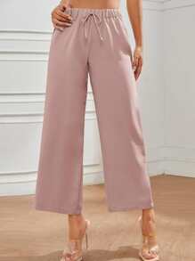 SHEIN PETITE 高腰前打結長褲 - 淺粉色 - 查看 1