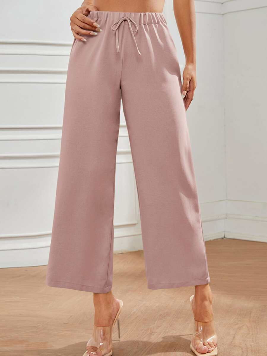 SHEIN PETITE 高腰前打結長褲 - 淺粉色 - 查看 1