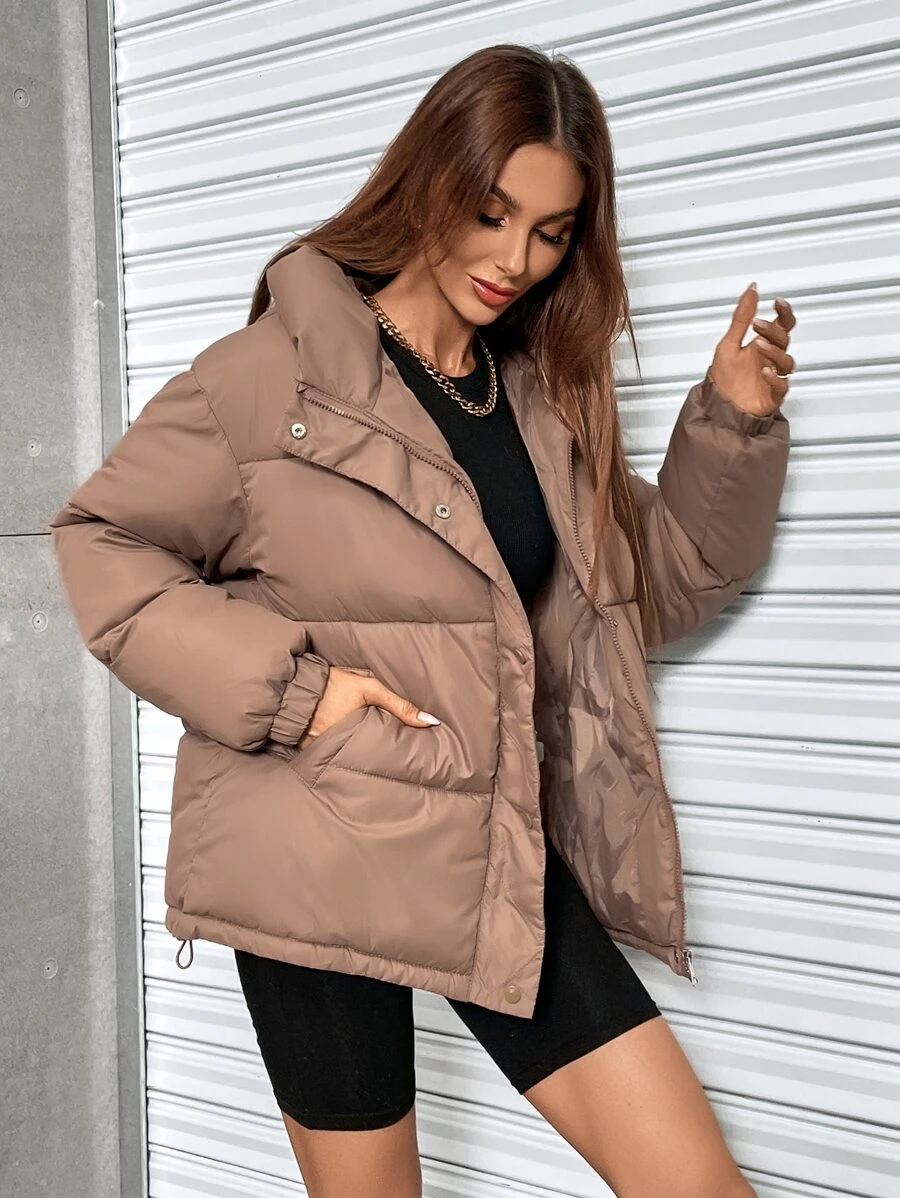 SHEIN EZwear Casual Minimalist Solid Color Hooded Padded Padded Coat, Winter Clothes - Brown - View 1