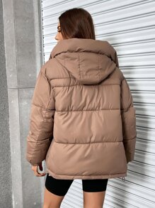 SHEIN EZwear Casual Minimalist Solid Color Hooded Padded Padded Coat, Winter Clothes - Brown - View 2