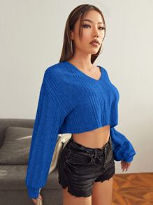 SHEIN EZwear Áo thun nữ Gân đan màu trơn Giải trí - Xanh đậm - Xem 5