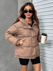 SHEIN EZwear Casual Minimalist Solid Color Hooded Padded Padded Coat, Winter Clothes - Brown - View 6