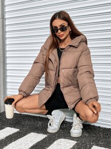 SHEIN EZwear Casual Minimalist Solid Color Hooded Padded Padded Coat, Winter Clothes - Brown - View 7