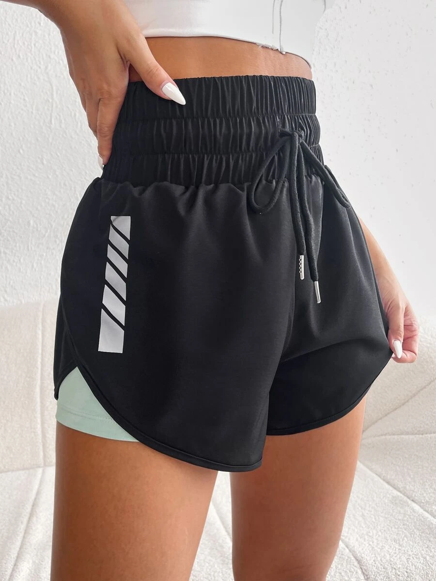 Powerista Drawstring Waist 2 In 1 Sports Shorts With Phone Pocket Drawstring Shorts - Black - View 1