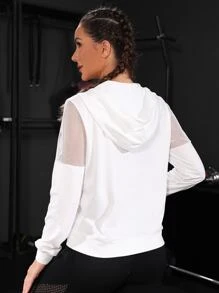 Yoga Basic Contrast Mesh Drawstring Hooded Sports Jacket - White - View 2