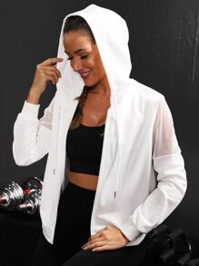 Yoga Basic Contrast Mesh Drawstring Hooded Sports Jacket - White - View 5