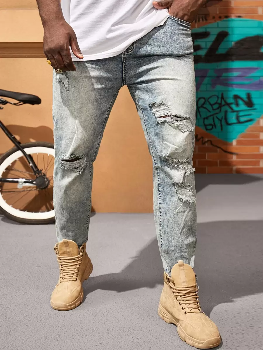 Manfinity RebelGame Hombres Jeans rectos algodón desgarro delgado - Lavado ligero - Ver 1