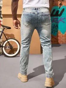 Manfinity RebelGame Hombres Jeans rectos algodón desgarro delgado - Lavado ligero - Ver 4