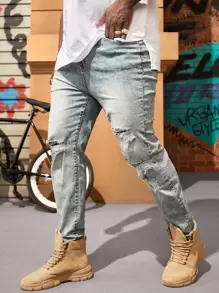 Manfinity RebelGame Hombres Jeans rectos algodón desgarro delgado - Lavado ligero - Ver 5