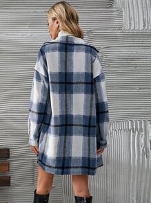 SHEIN LUNE Plaid Print Drop Shoulder Coat & Skirt - Blue and White - View 3