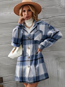 SHEIN LUNE Plaid Print Drop Shoulder Coat & Skirt - Blue and White - View 6