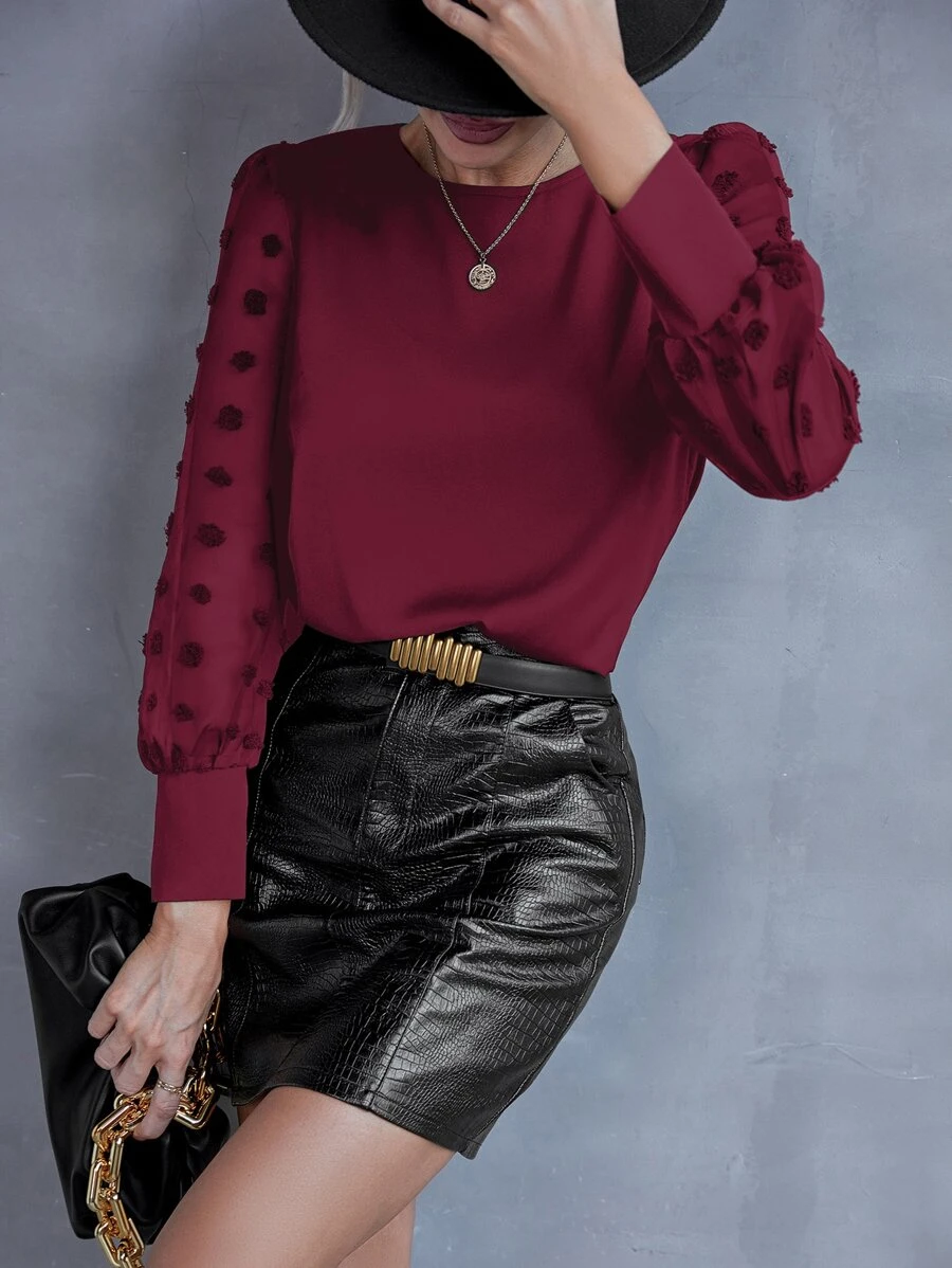 SHEIN Clasi Áo sơ mi nữ Nút Tương phản Mesh Cắt ra màu trơn Thanh lịch - Màu Đỏ Sâu - Xem 1