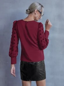 SHEIN Clasi Áo sơ mi nữ Nút Tương phản Mesh Cắt ra màu trơn Thanh lịch - Màu Đỏ Sâu - Xem 2