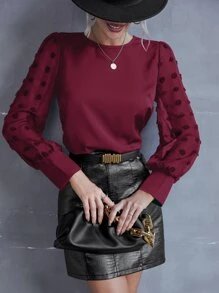 SHEIN Clasi Áo sơ mi nữ Nút Tương phản Mesh Cắt ra màu trơn Thanh lịch - Màu Đỏ Sâu - Xem 3