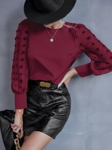 SHEIN Clasi Áo sơ mi nữ Nút Tương phản Mesh Cắt ra màu trơn Thanh lịch - Màu Đỏ Sâu - Xem 5