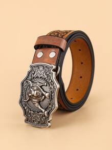 Hombres Cinturón con hebilla con adorno de cabeza de ganado - Negro - Ver 1