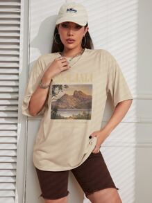 INAWLY 山與標語圖案落肩T恤 - 卡其色 - 查看 4
