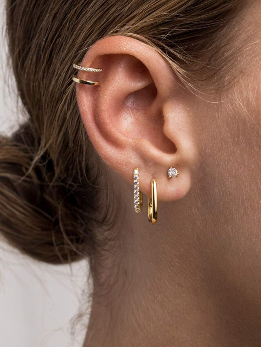 3入組方晶鋯石裝飾耳環和1入組耳夾銅首飾類 - 金黃色 - 查看 1