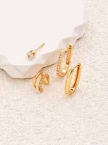 3入組方晶鋯石裝飾耳環和1入組耳夾銅首飾類 - 金黃色 - 查看 2