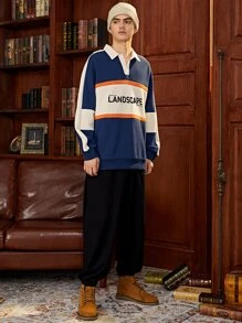Men Letter Graphic Colorblock Drop Shoulder Pullover - Blue and White - View 6