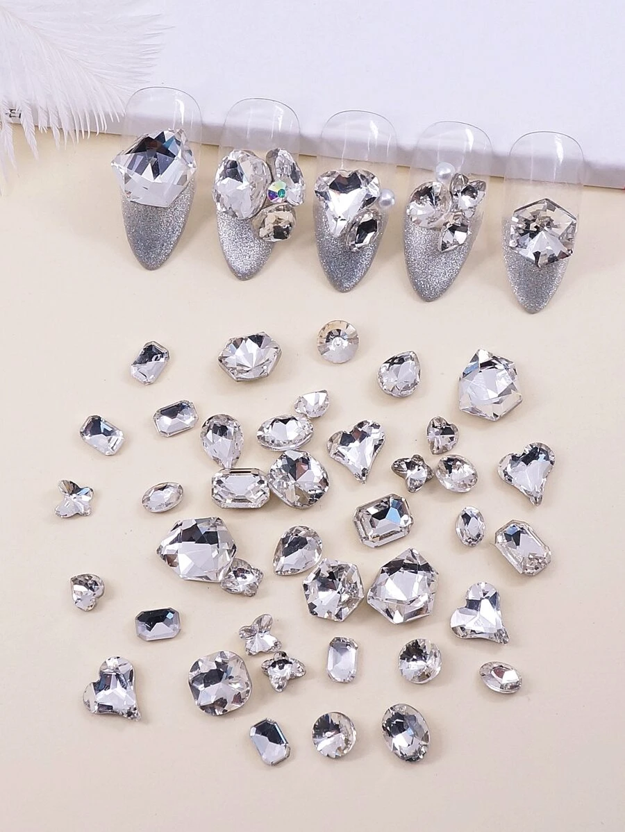 50 viên đá trang trí móng tay hình hỗn hợp - Bạc - Xem 1