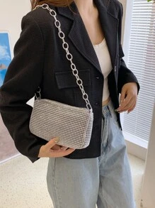 鑲有水晶的手拿肩袋,鏈帶設計,時尚拉鍊收口晚宴包,高端紋理斜挎包 - 銀色 - 查看 6