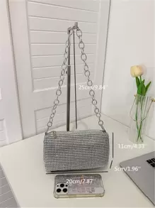 鑲有水晶的手拿肩袋,鏈帶設計,時尚拉鍊收口晚宴包,高端紋理斜挎包 - 銀色 - 查看 8