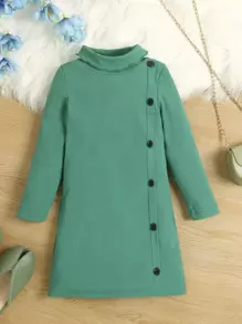 Toddler Girls High Neck Button Detail Tee Dress - Green - View 1