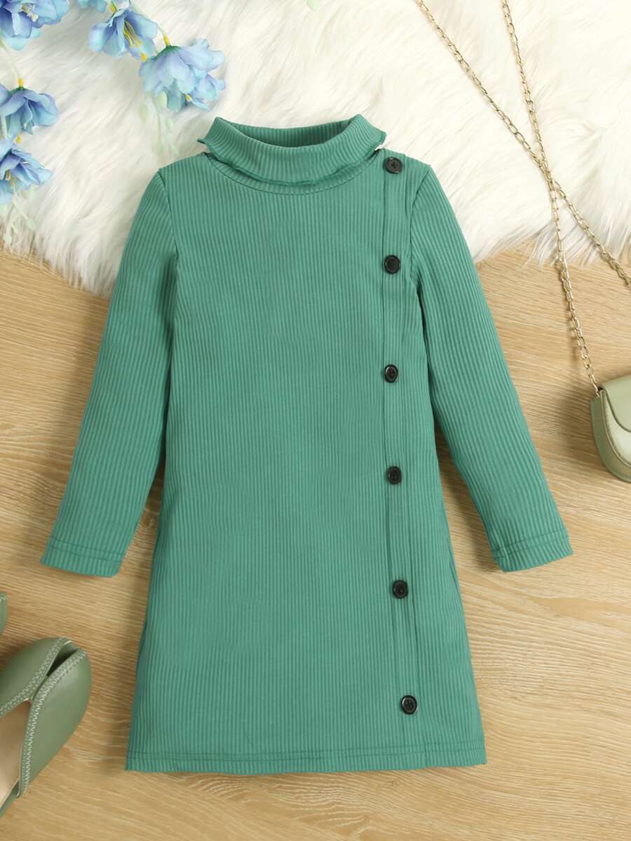 Toddler Girls High Neck Button Detail Tee Dress - Green - View 1