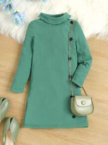 Toddler Girls High Neck Button Detail Tee Dress - Green - View 5
