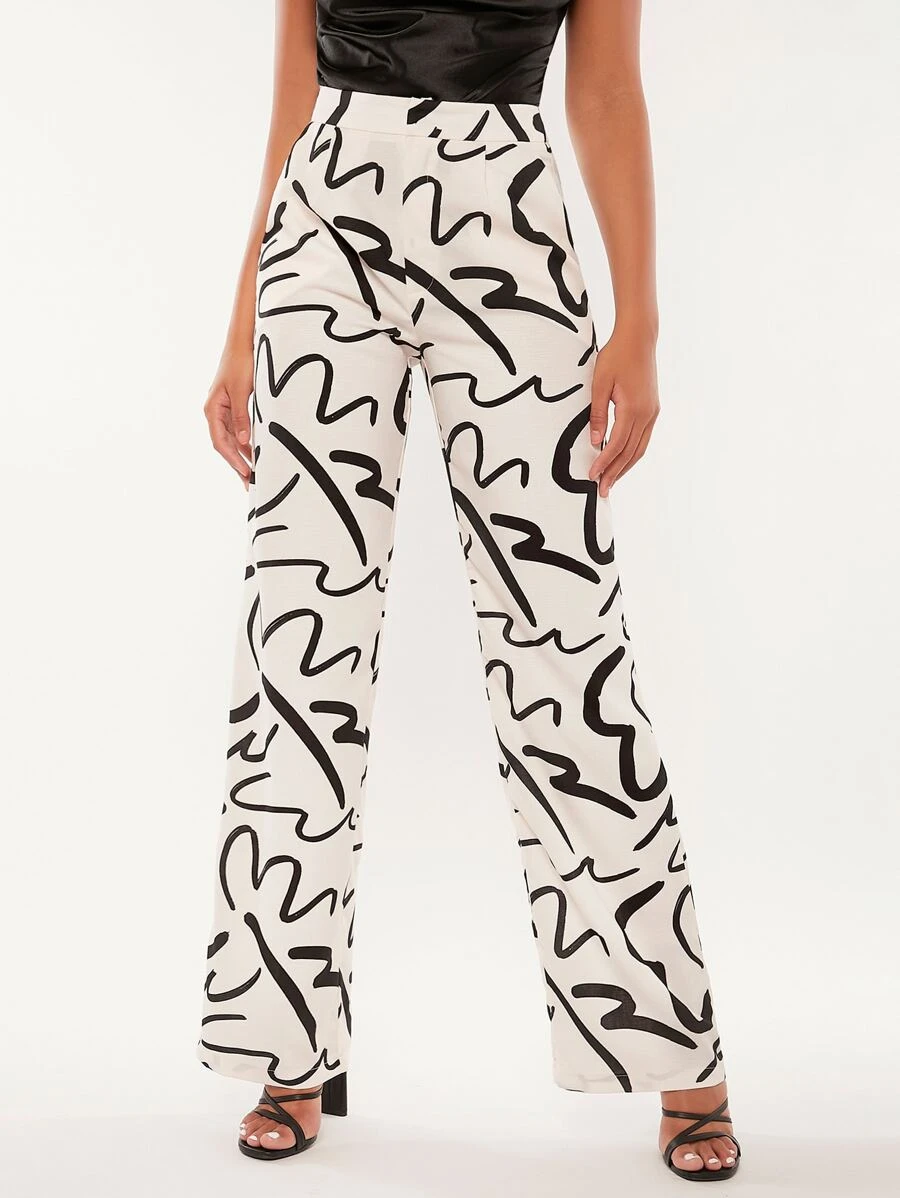 SHEIN Tall Allover Print Wide Leg Trousers - Black and White - View 1