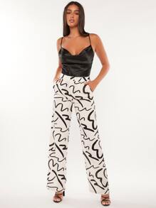SHEIN Tall Allover Print Wide Leg Trousers - Black and White - View 3