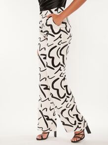 SHEIN Tall Allover Print Wide Leg Trousers - Black and White - View 4