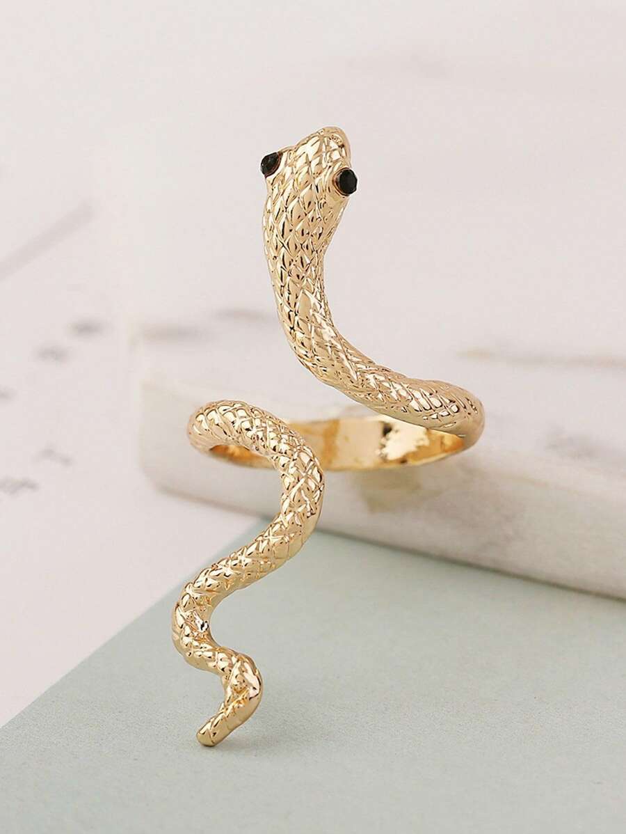 Rhinestone Decor Snake Design Cuff Ring - Yellow Gold - View 1
