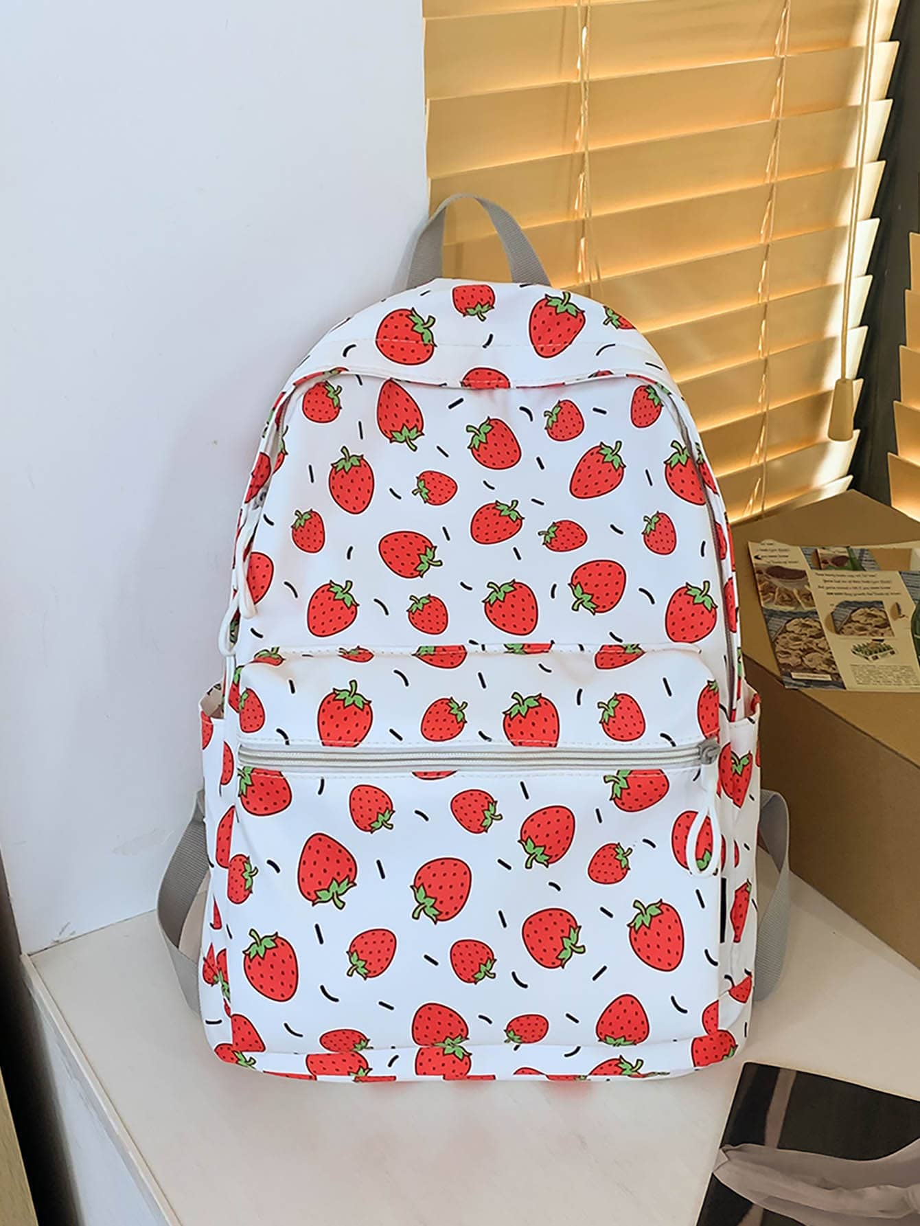 Strawberry Graphic Pocket Front Backpack - Red and White - View 1