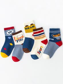 5雙兒童熊和字母圖案中筒襪