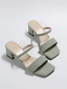 Minimalist Chunky Heeled Mule Sandals - Green - View 2