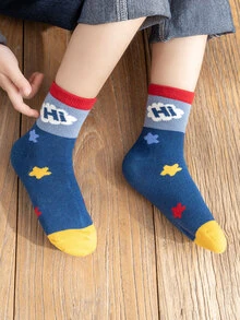 5雙兒童熊和字母圖案中筒襪